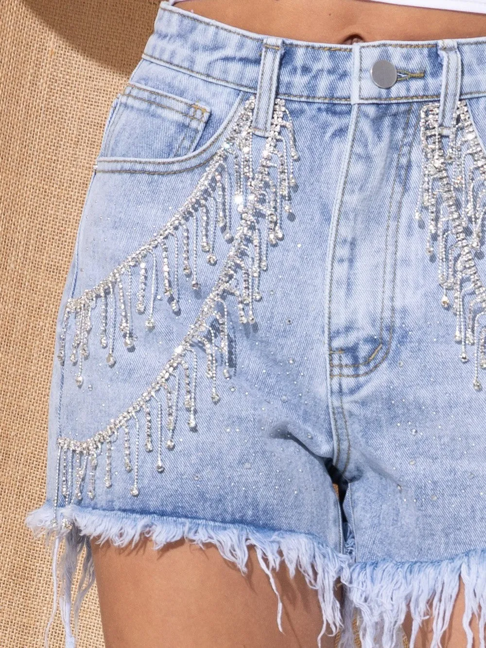 27 Alabama Gem Rhinestone Fringe Denim Shorts