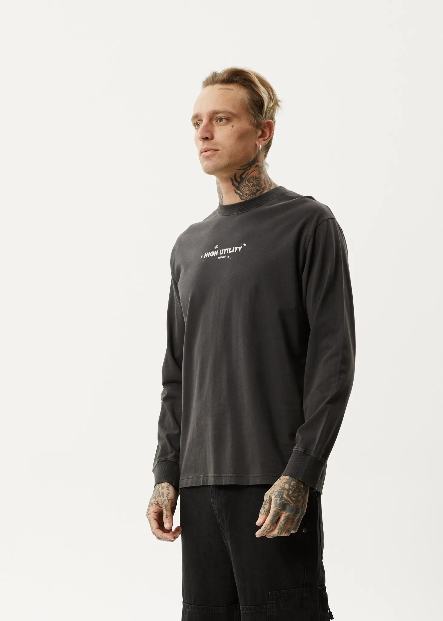 AFENDS Mens High Utility - Long Sleeve T-Shirt - Stone Black