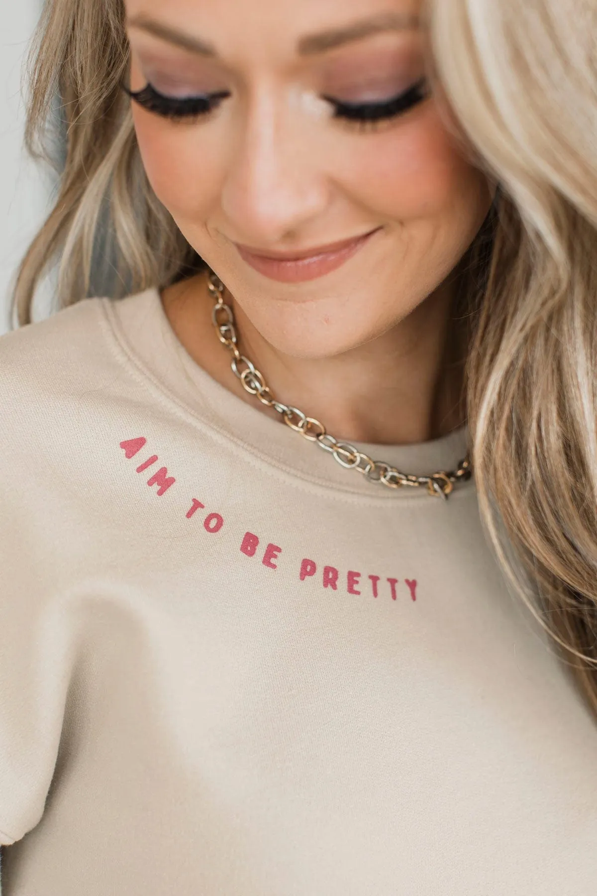 Aim To Be Pretty Crew Neck Pullover- Sand