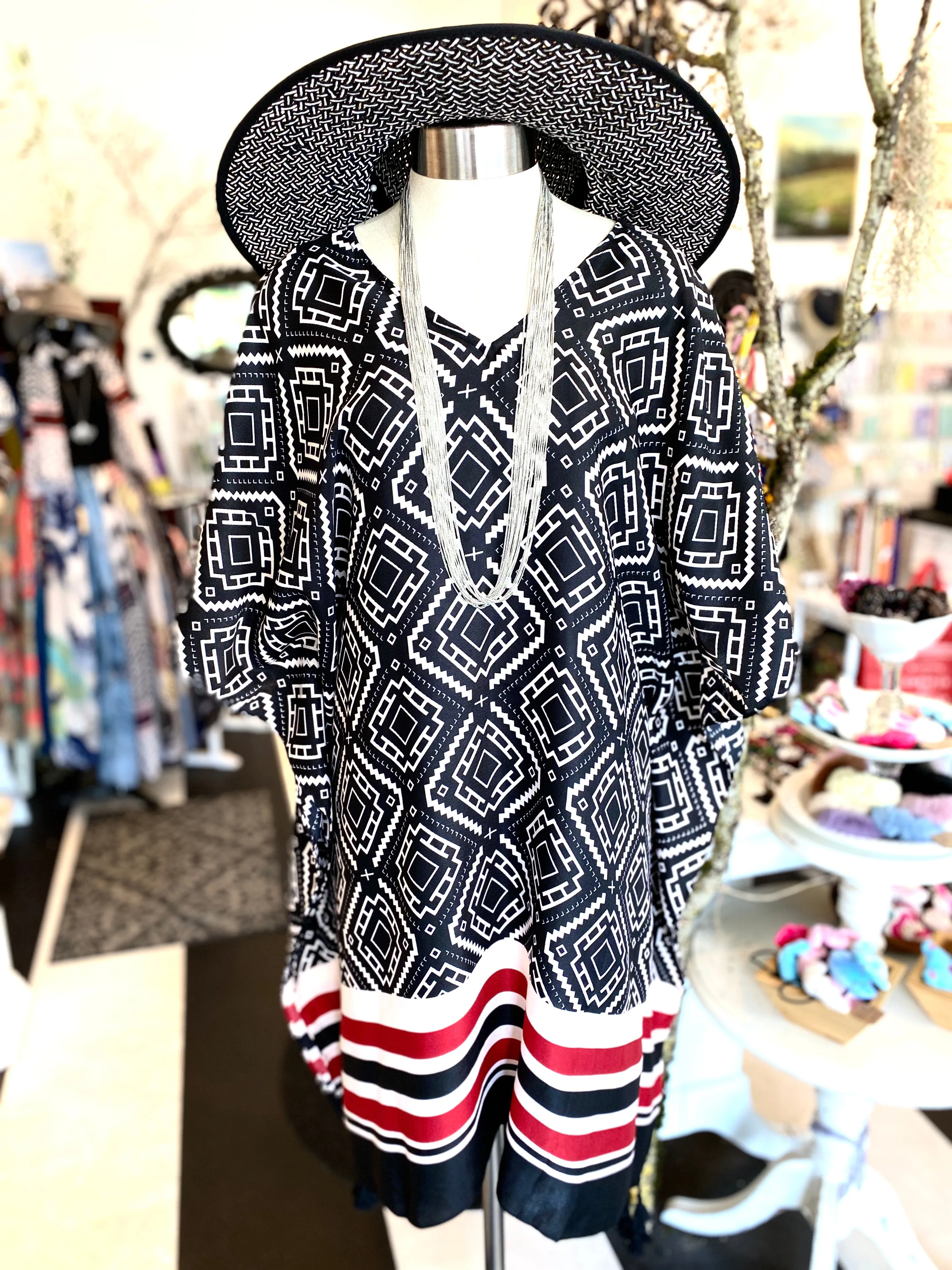 Beautiful Graphic Black V-Neck Tunic Cover up