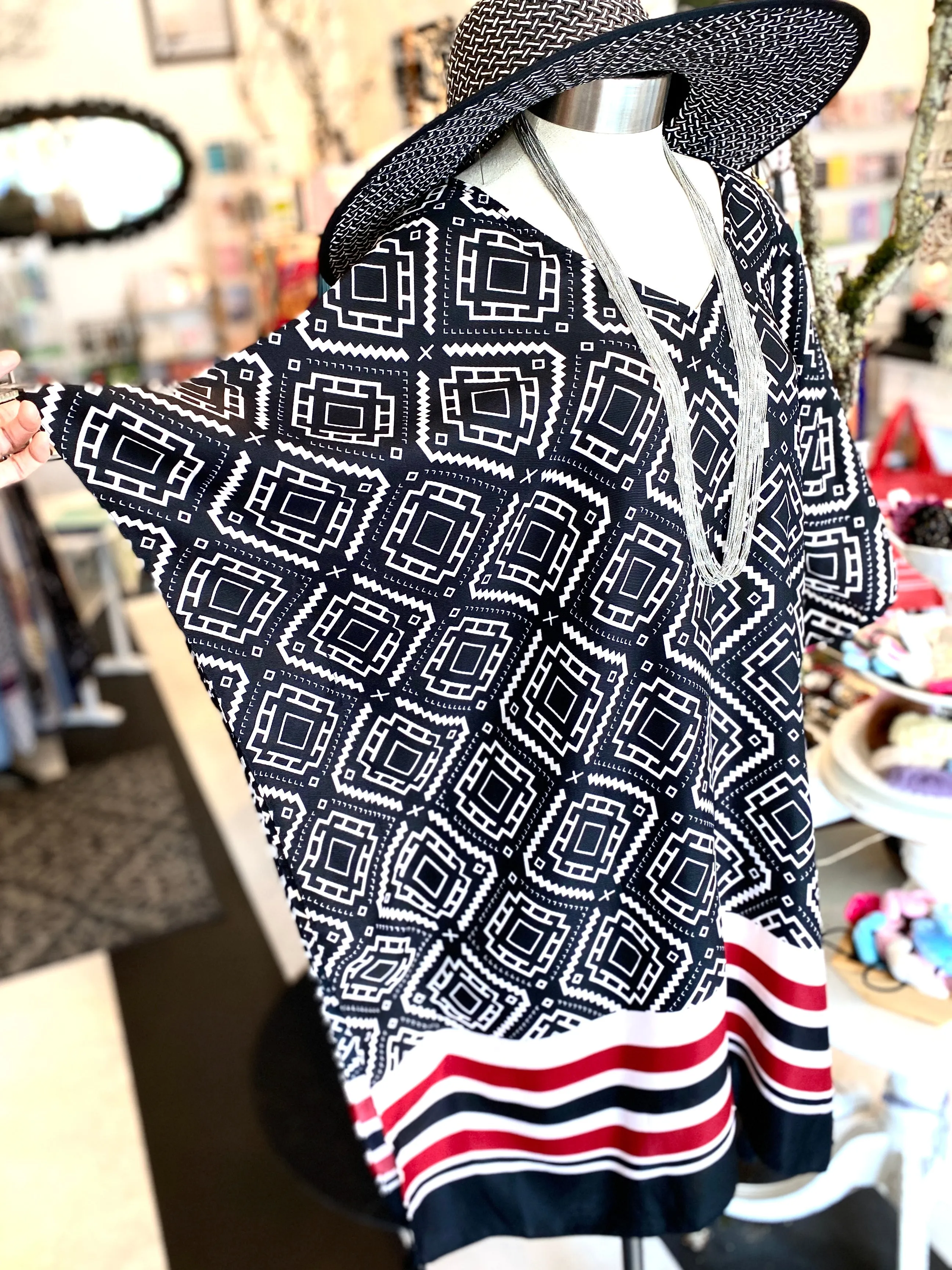 Beautiful Graphic Black V-Neck Tunic Cover up