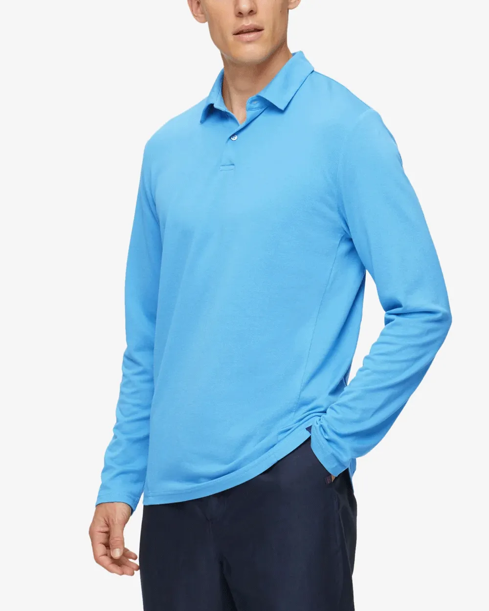 Blue Pique Cotton Tencel Long Sleeve Polo