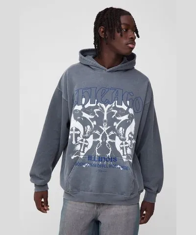 boohooMAN Mens Oversized Chicago Gothic Cross Graphic Washed Hoodie