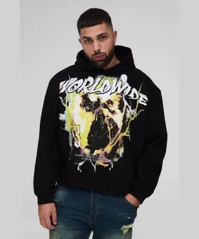 boohooMAN Mens Plus Oversized Boxy Worldwide Large Scale Print Hoodie