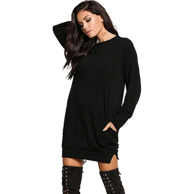 Casual Loose Side Splite Short T Shirt Dress For Women  Red Black O Neck Women Long Sleeve Mini Dresses   1204# GS