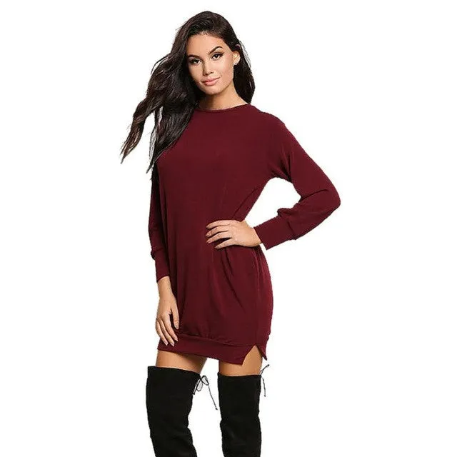 Casual Loose Side Splite Short T Shirt Dress For Women  Red Black O Neck Women Long Sleeve Mini Dresses   1204# GS