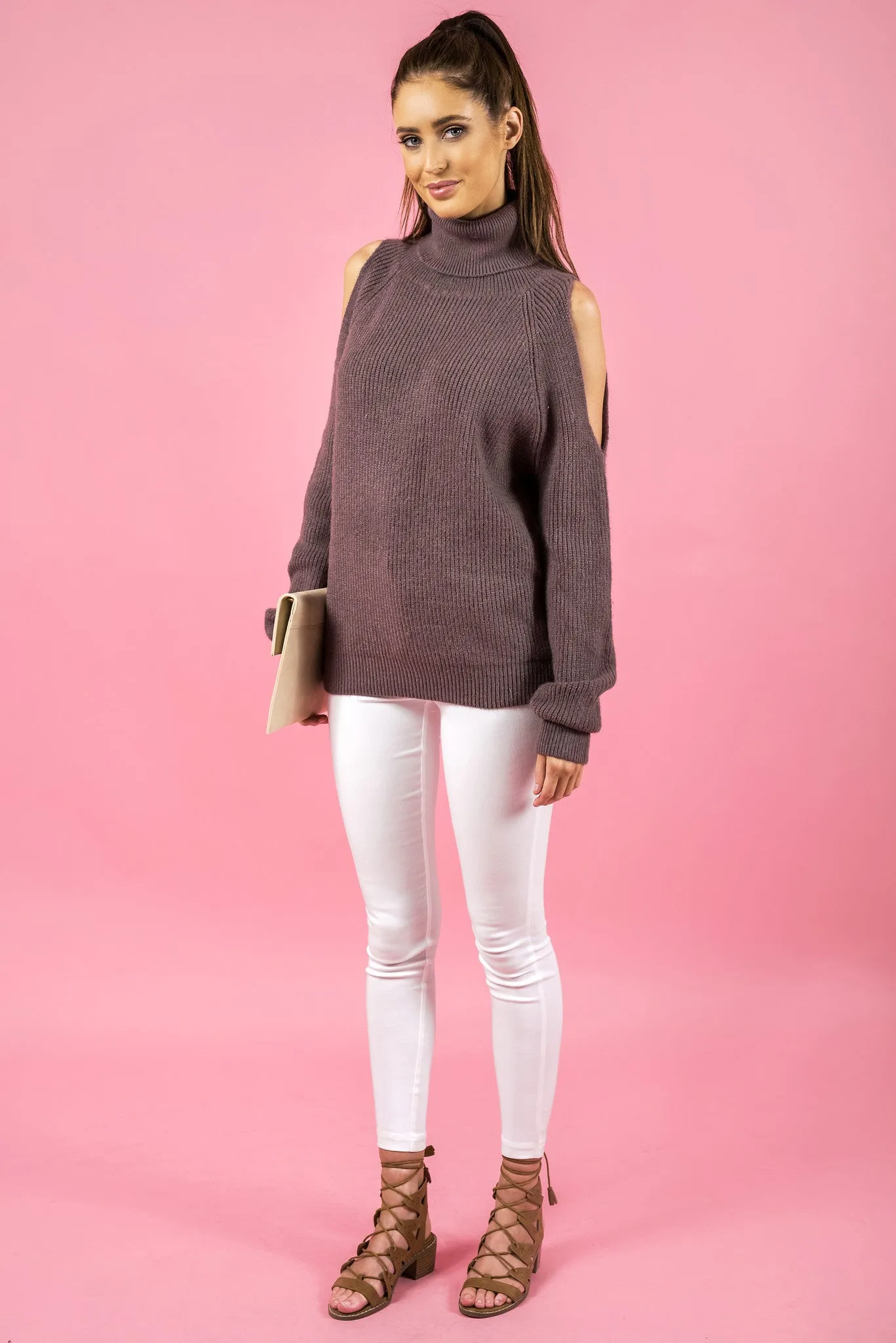 Cold Shoulder Turtleneck Knit in Mauve by Style State One Size Fits All