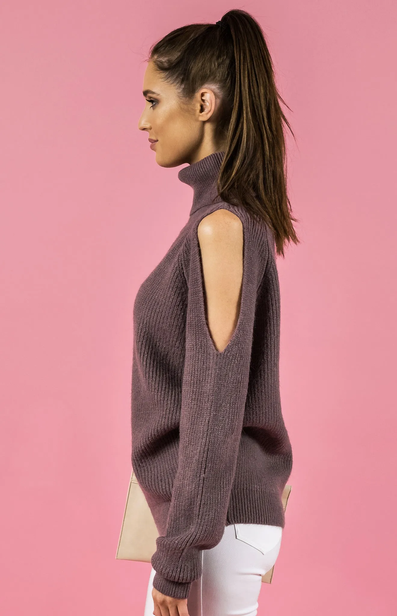 Cold Shoulder Turtleneck Knit in Mauve by Style State One Size Fits All