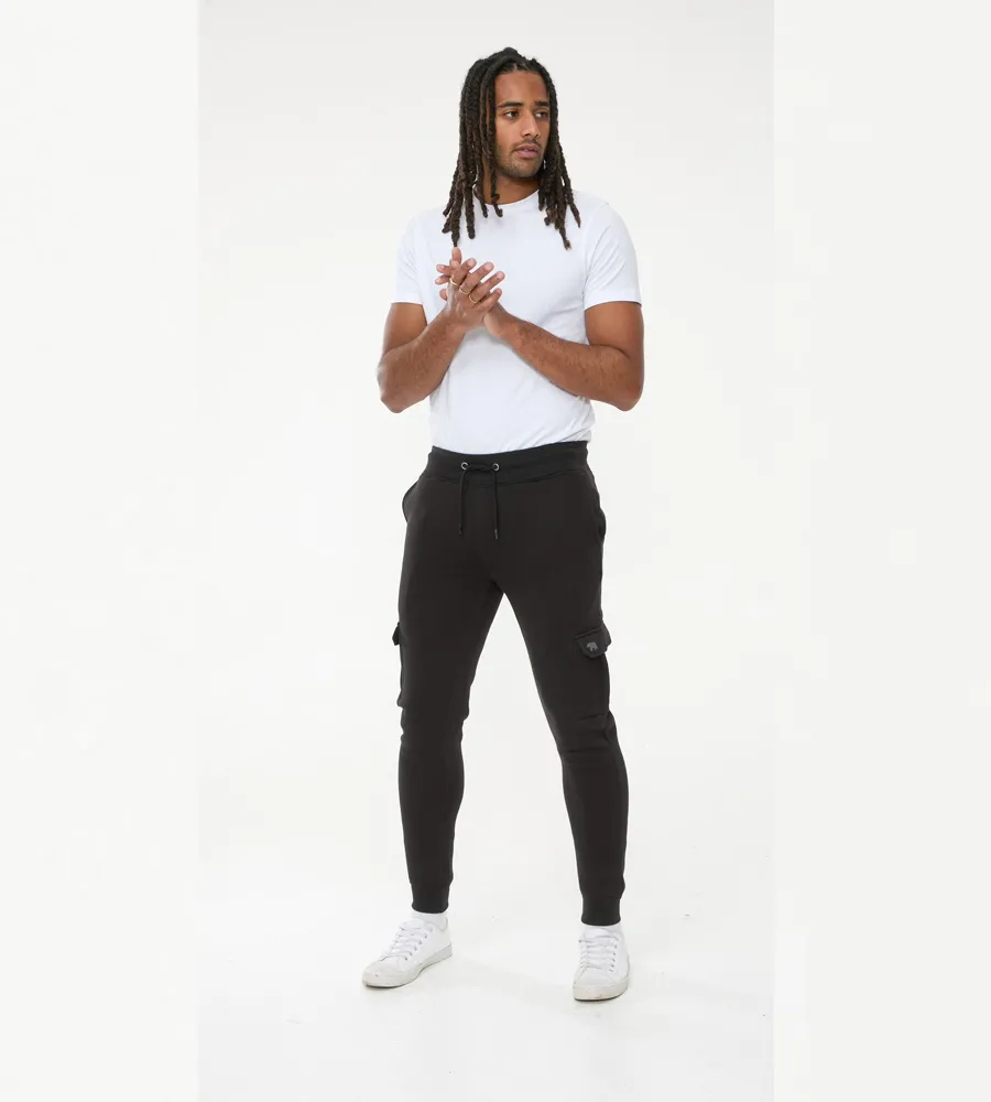 D555 Mens Black Joggers With  Cargo Pocket and Ribbed Cuffs (TILDEN 2)