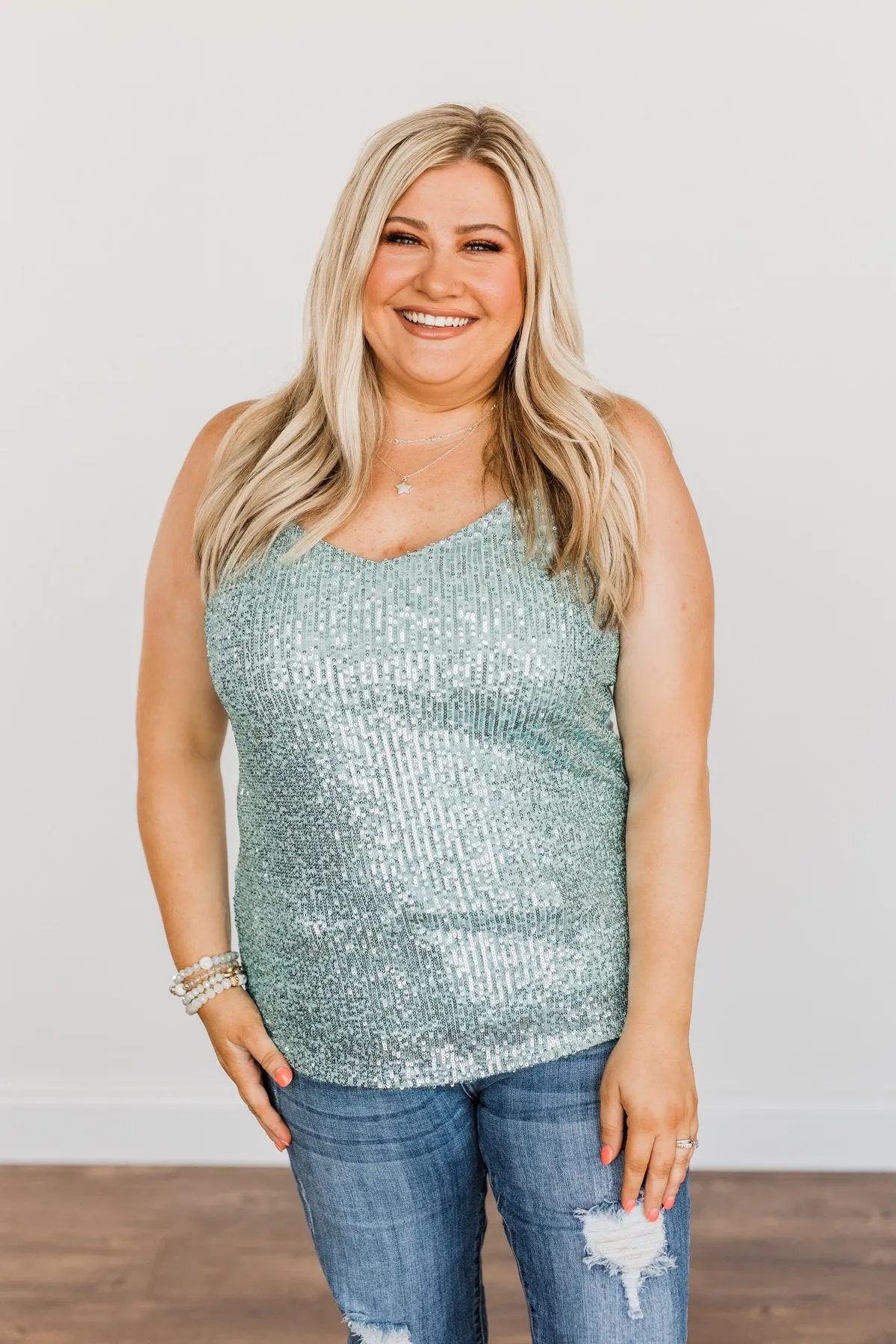 Dance Through The Night Sequin Tank Top- Mint Blue