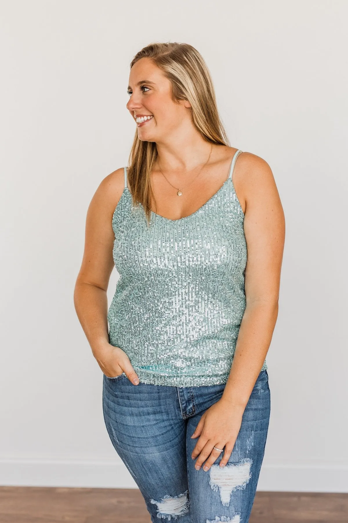 Dance Through The Night Sequin Tank Top- Mint Blue