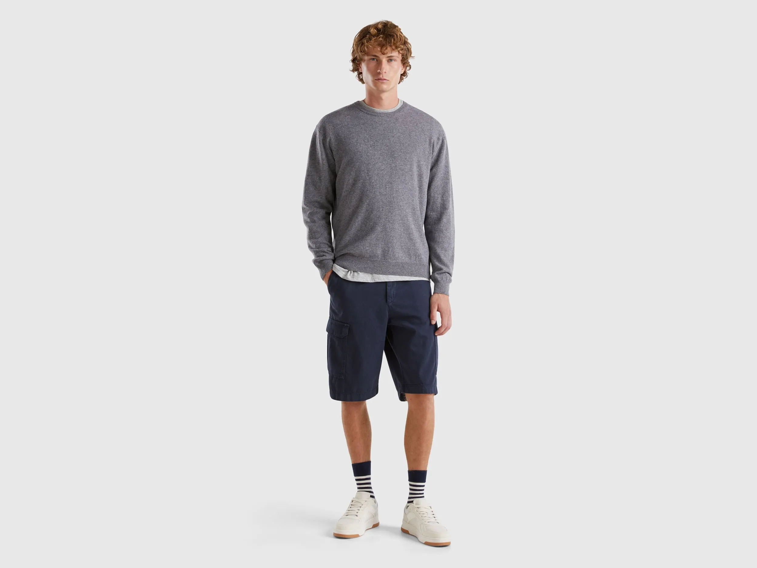 Dark gray crew neck sweater in pure Merino wool - Dark Gray | Benetton