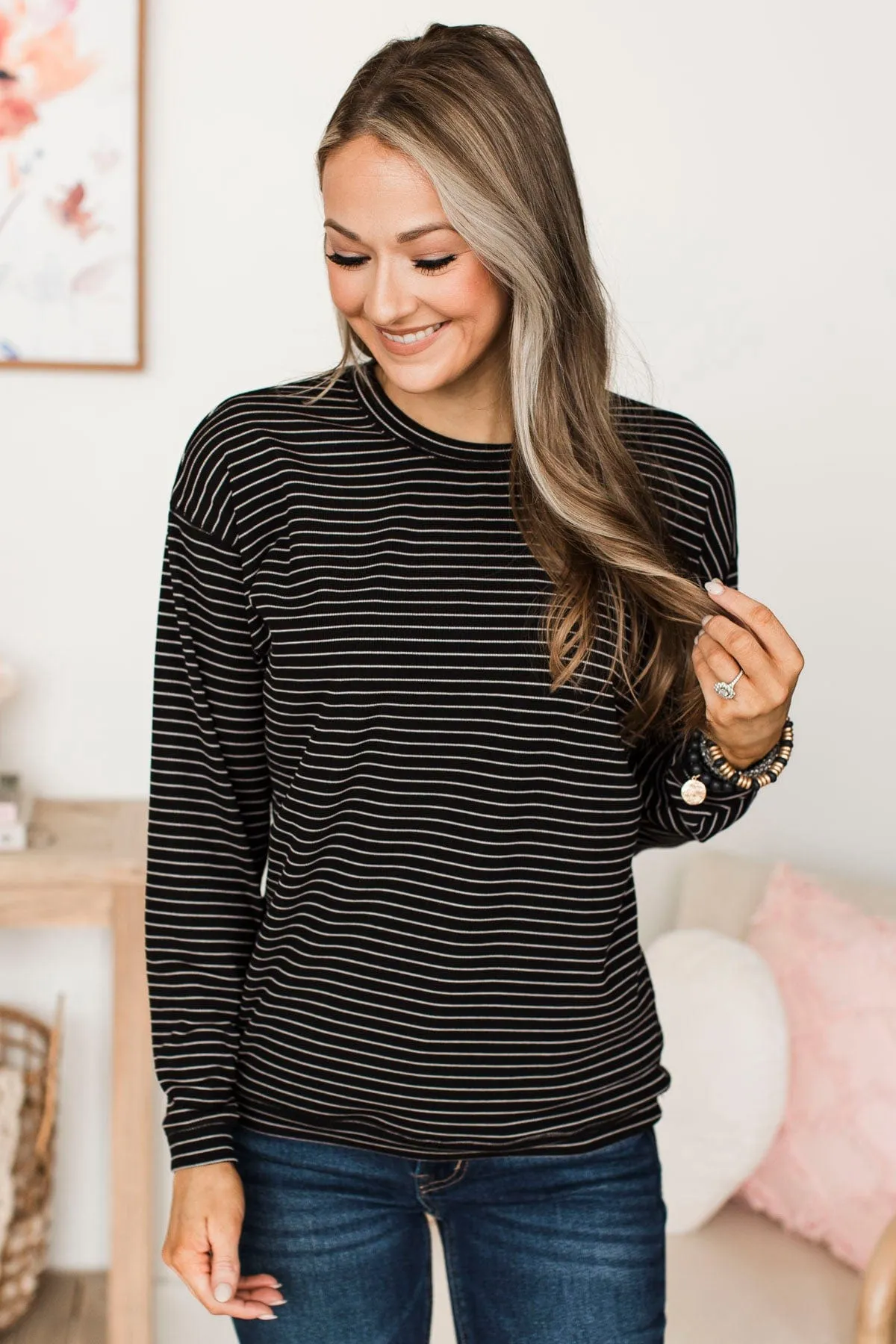 Everyday Mood Striped Pullover Top- Black