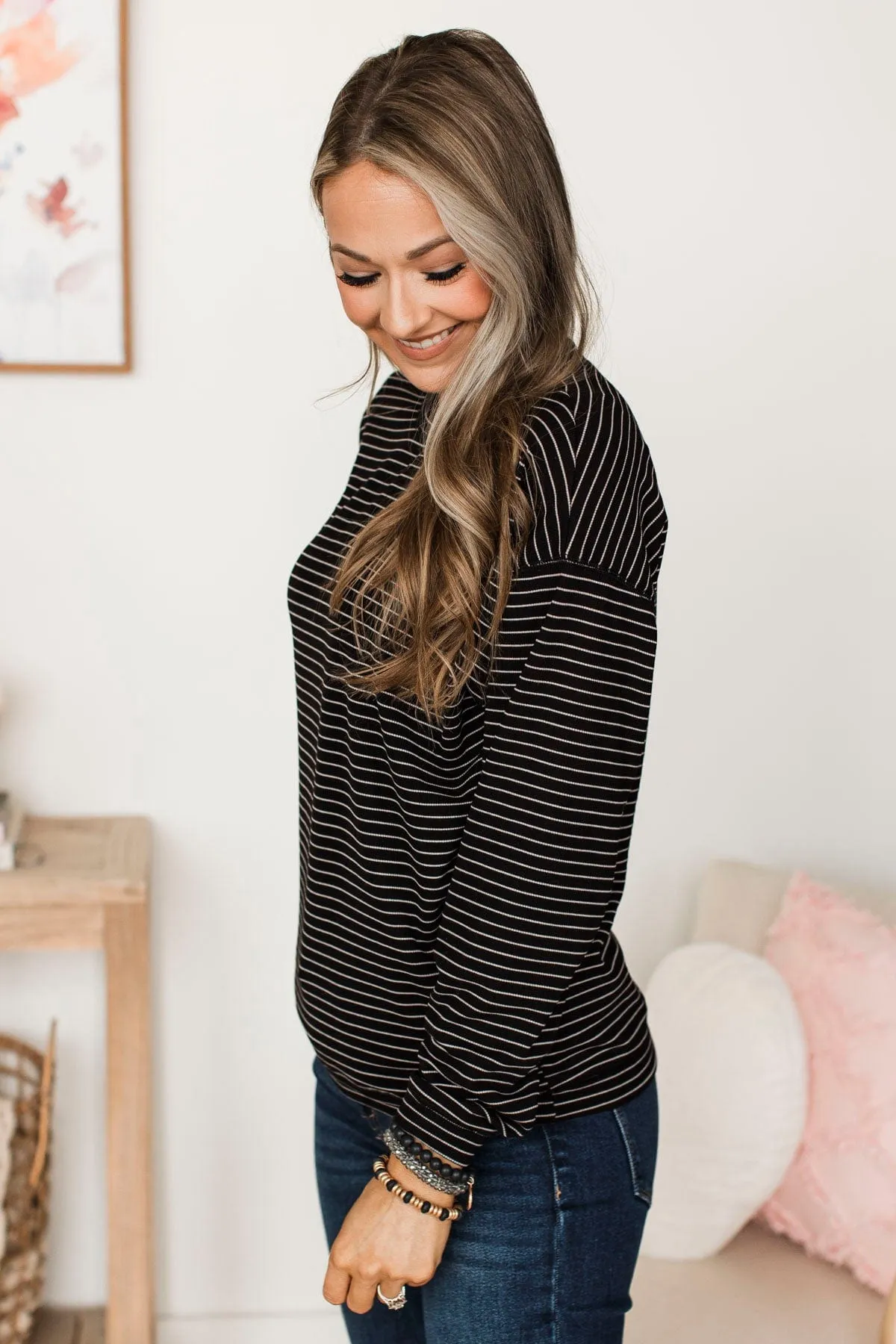 Everyday Mood Striped Pullover Top- Black