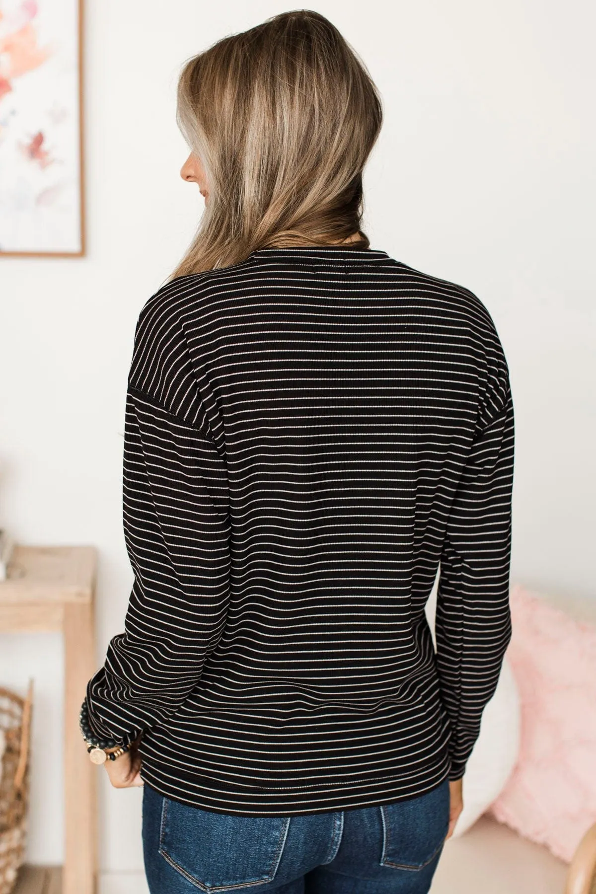 Everyday Mood Striped Pullover Top- Black