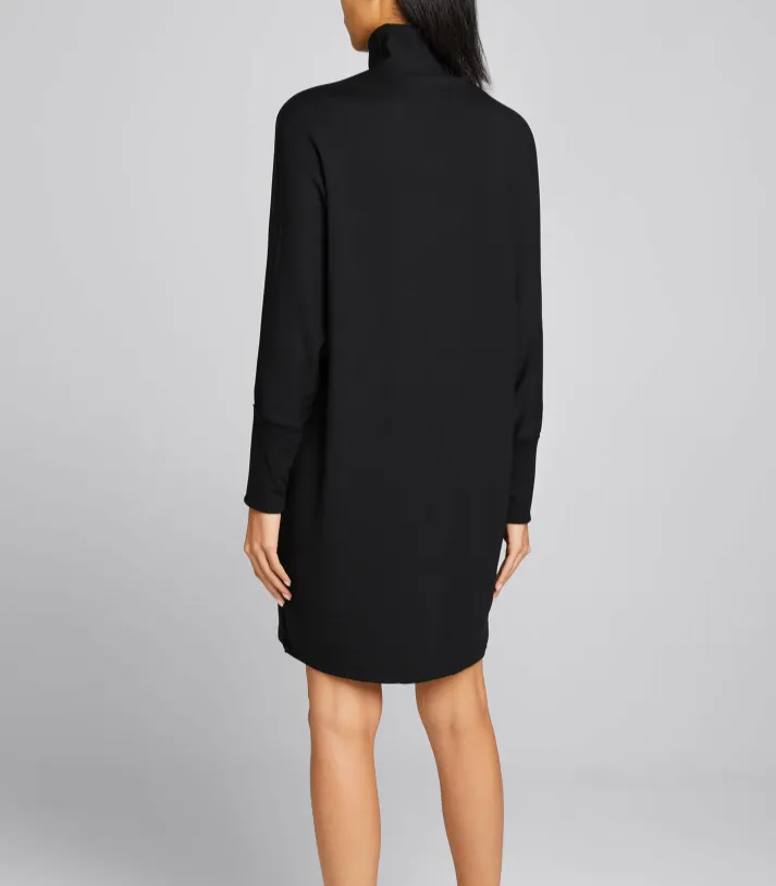 French Terry Turtleneck Dress w/ Wide Sleeve - Black