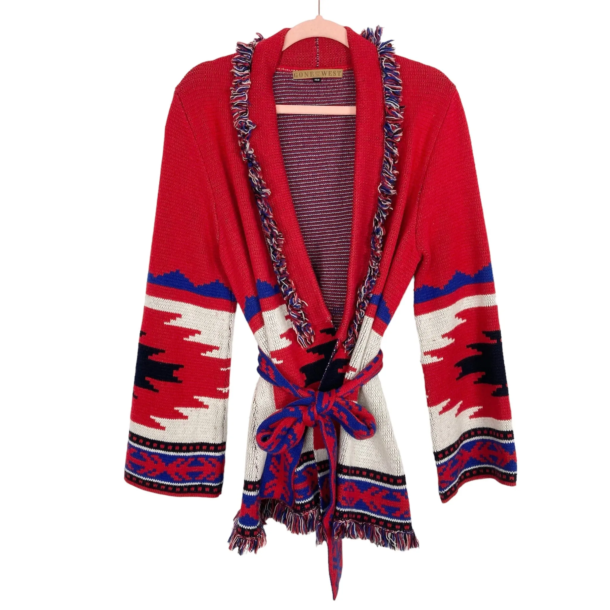 Gone with the West Red Multi Color Cashmere Blend Aztec Cardigan Sweater- Size XS/S