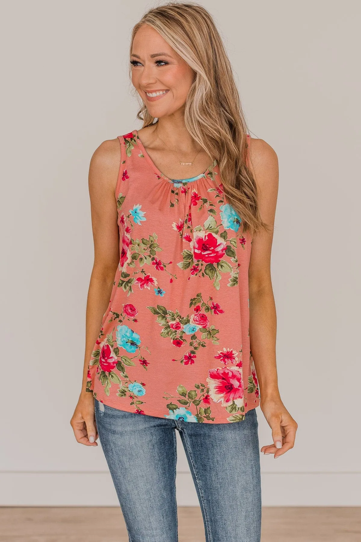 Got You Hooked Floral Tank Top- Coral