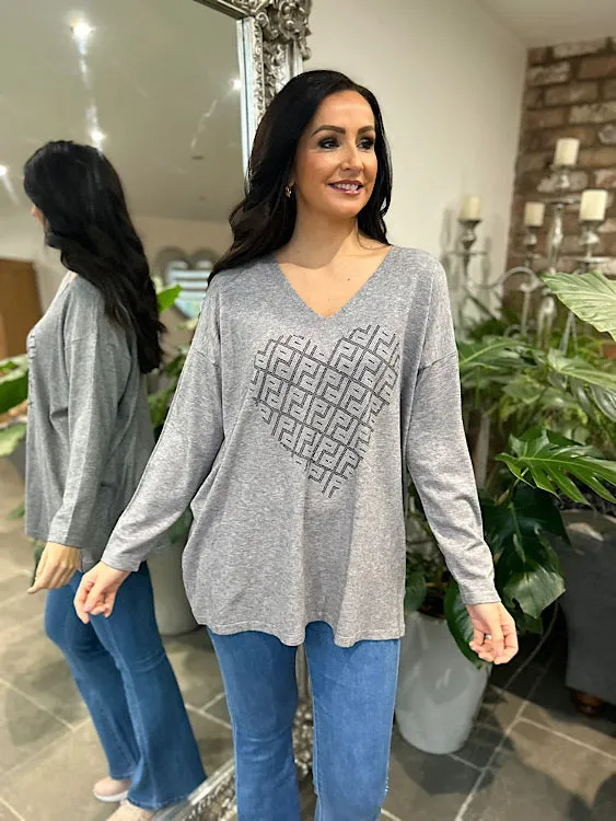 Grey Diamante Heart Knit Gail