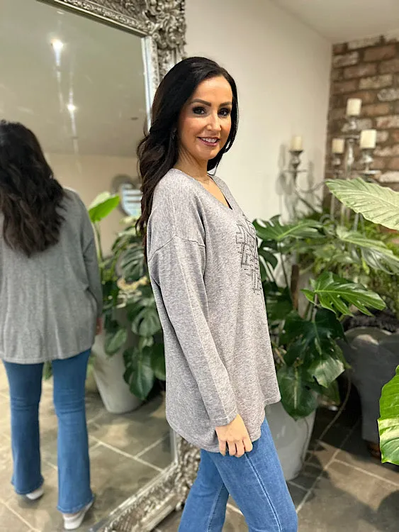 Grey Diamante Heart Knit Gail