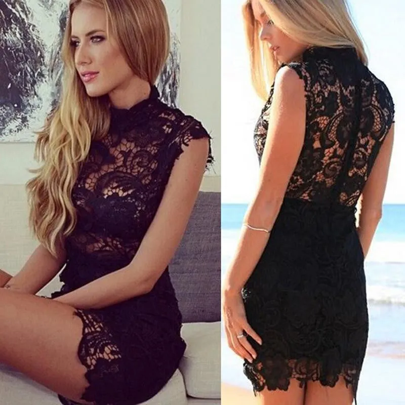 Hollow Out Embroidery High Collar Lace Dress Women's Sleeveless Package Hip Dress Sexy Club Dress Party Pencil Dress SM6