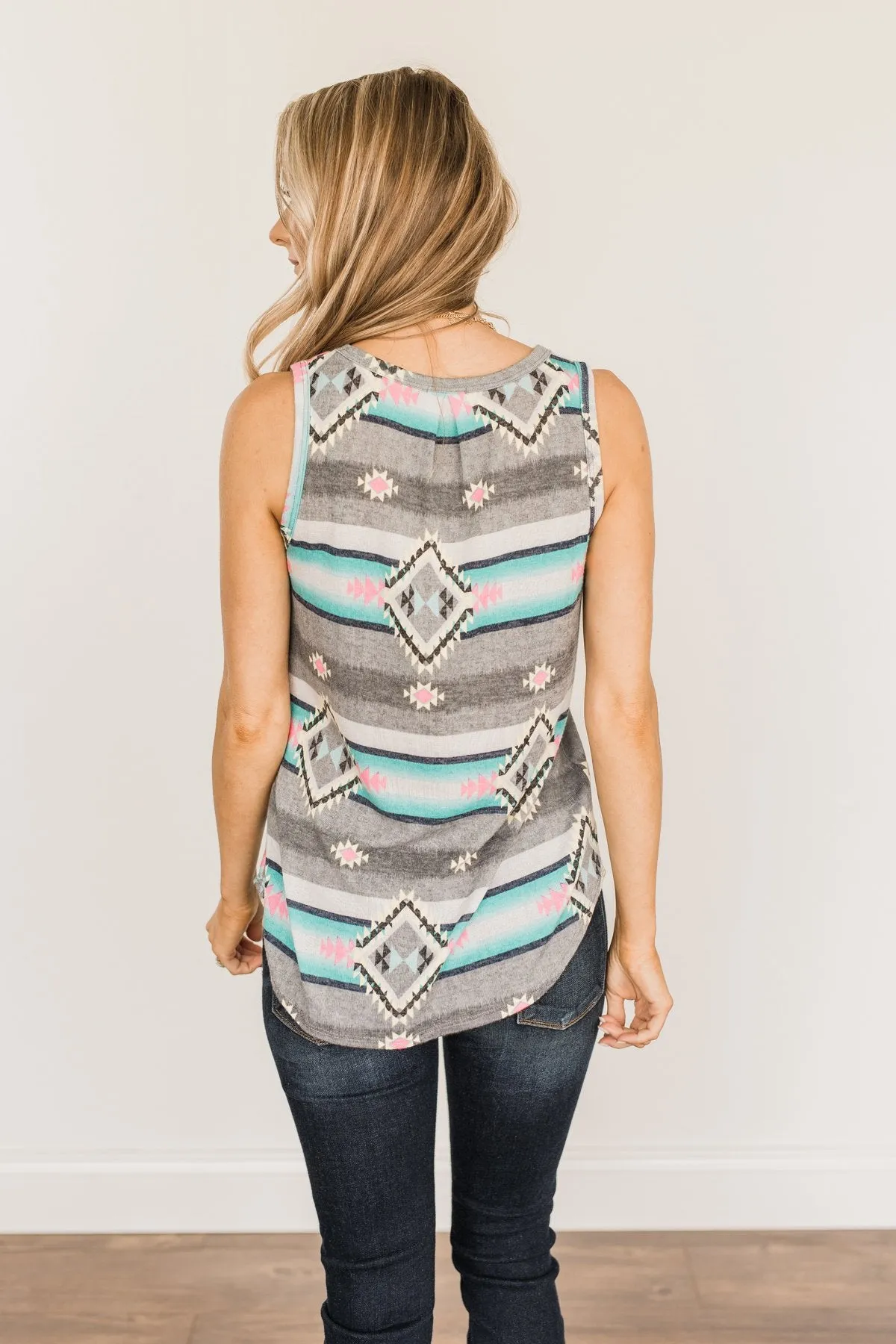 Hoping For The Best Aztec Tank Top- Grey & Mint Blue