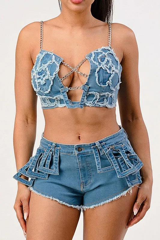 Hot Summer Casual Distressed Denim Top And Short Set