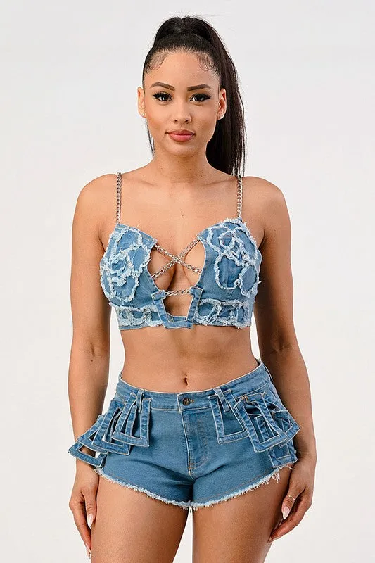 Hot Summer Casual Distressed Denim Top And Short Set