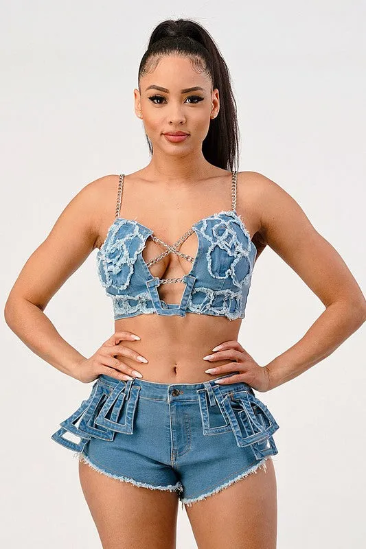 Hot Summer Casual Distressed Denim Top And Short Set