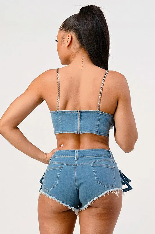 Hot Summer Casual Distressed Denim Top And Short Set