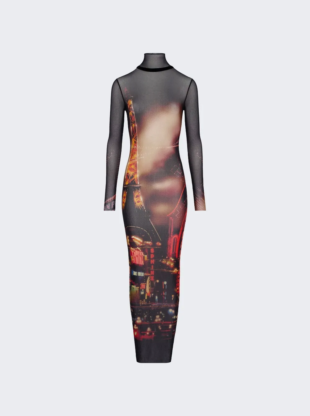 Jean Paul Gaultier   Mesh Turtleneck Long Dress Red Pigalle Print 