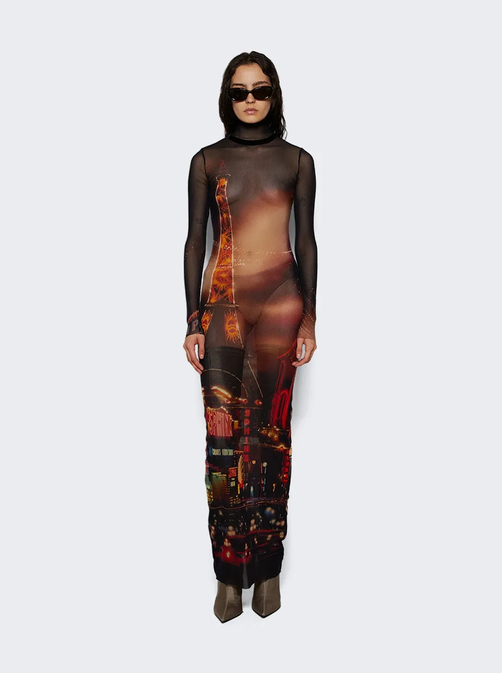 Jean Paul Gaultier   Mesh Turtleneck Long Dress Red Pigalle Print 