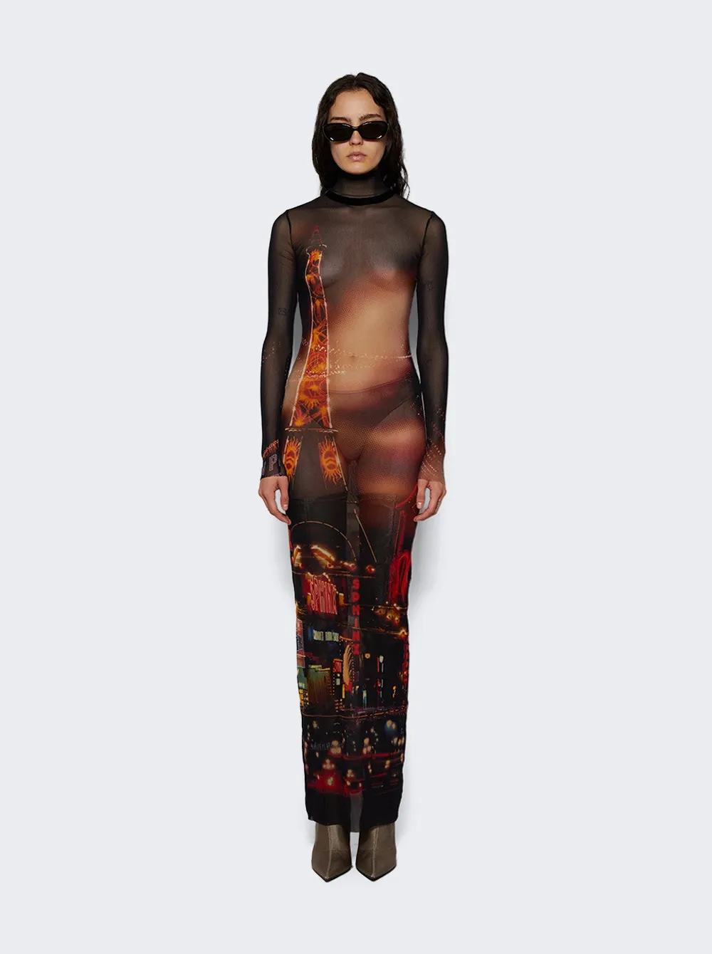 Jean Paul Gaultier   Mesh Turtleneck Long Dress Red Pigalle Print 