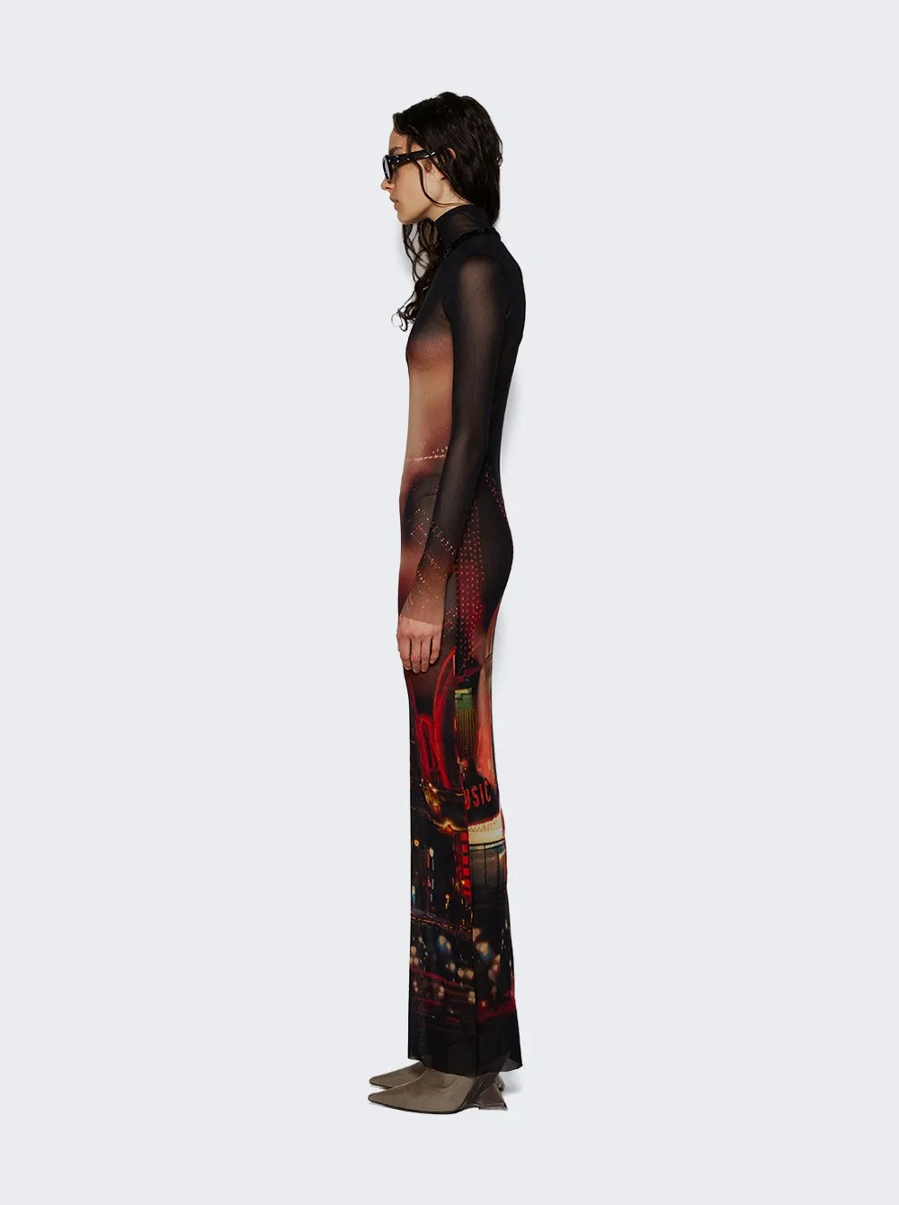 Jean Paul Gaultier   Mesh Turtleneck Long Dress Red Pigalle Print 