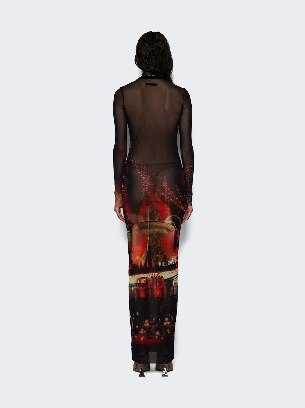 Jean Paul Gaultier   Mesh Turtleneck Long Dress Red Pigalle Print 