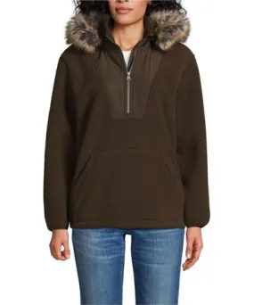 Lands' End Women's Hooded Half Zip Faux Fur High Pile Fleece Pullover