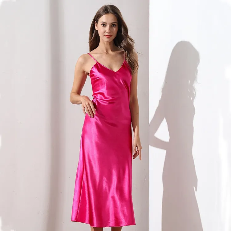 Long Slip Sleep Dress Silk V Neck Sleepwear Solid Color Nightwear