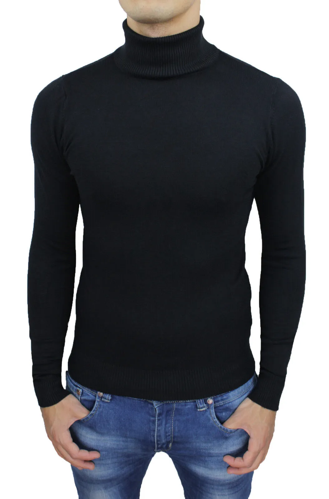 MAGLIONE UOMO DOLCEVITA DIAMOND NERO MAGLIA PULLOVER CASUAL ELASTICIZZATO