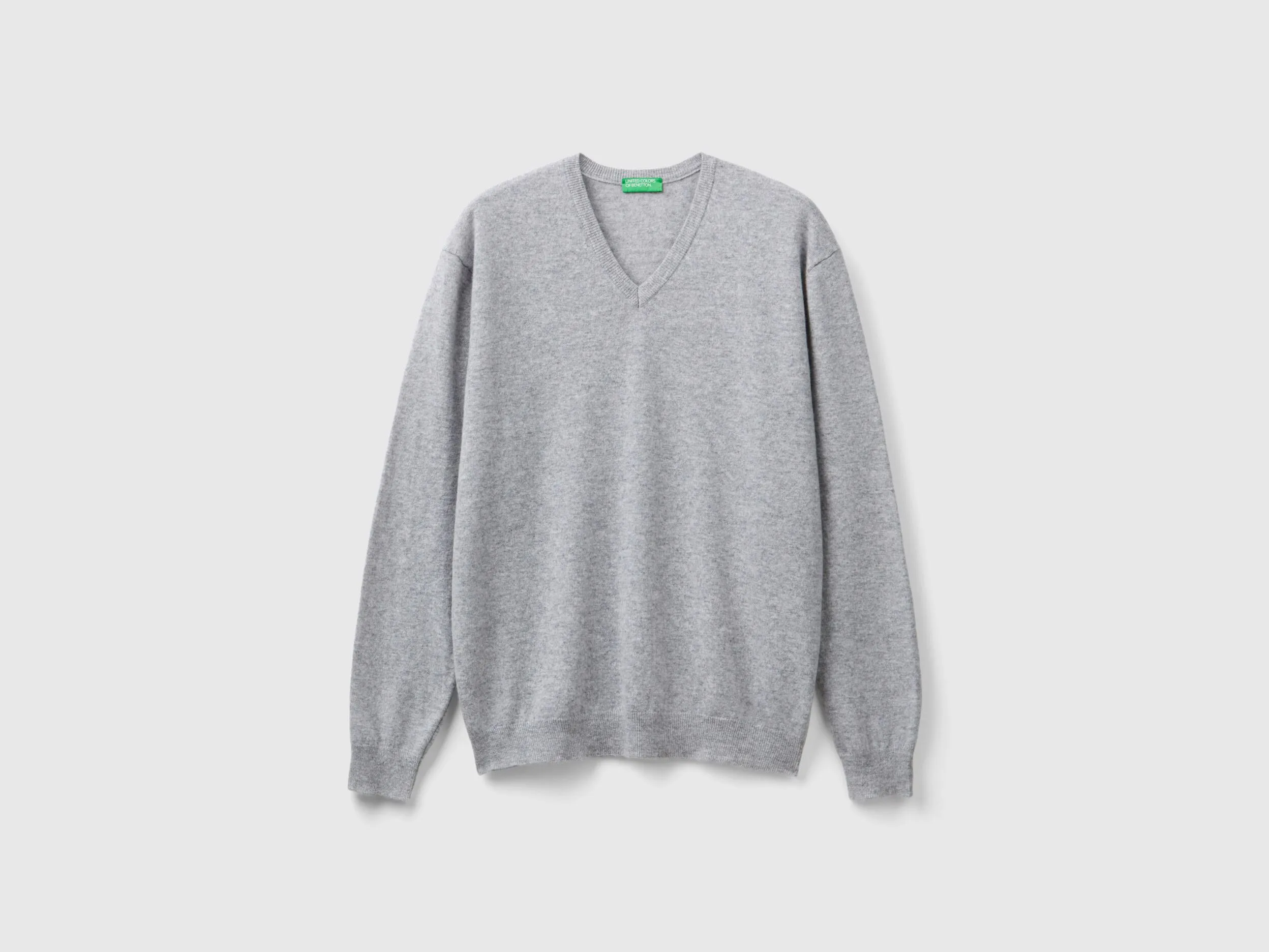 Marl gray V-neck sweater in pure Merino wool - Light Gray | Benetton