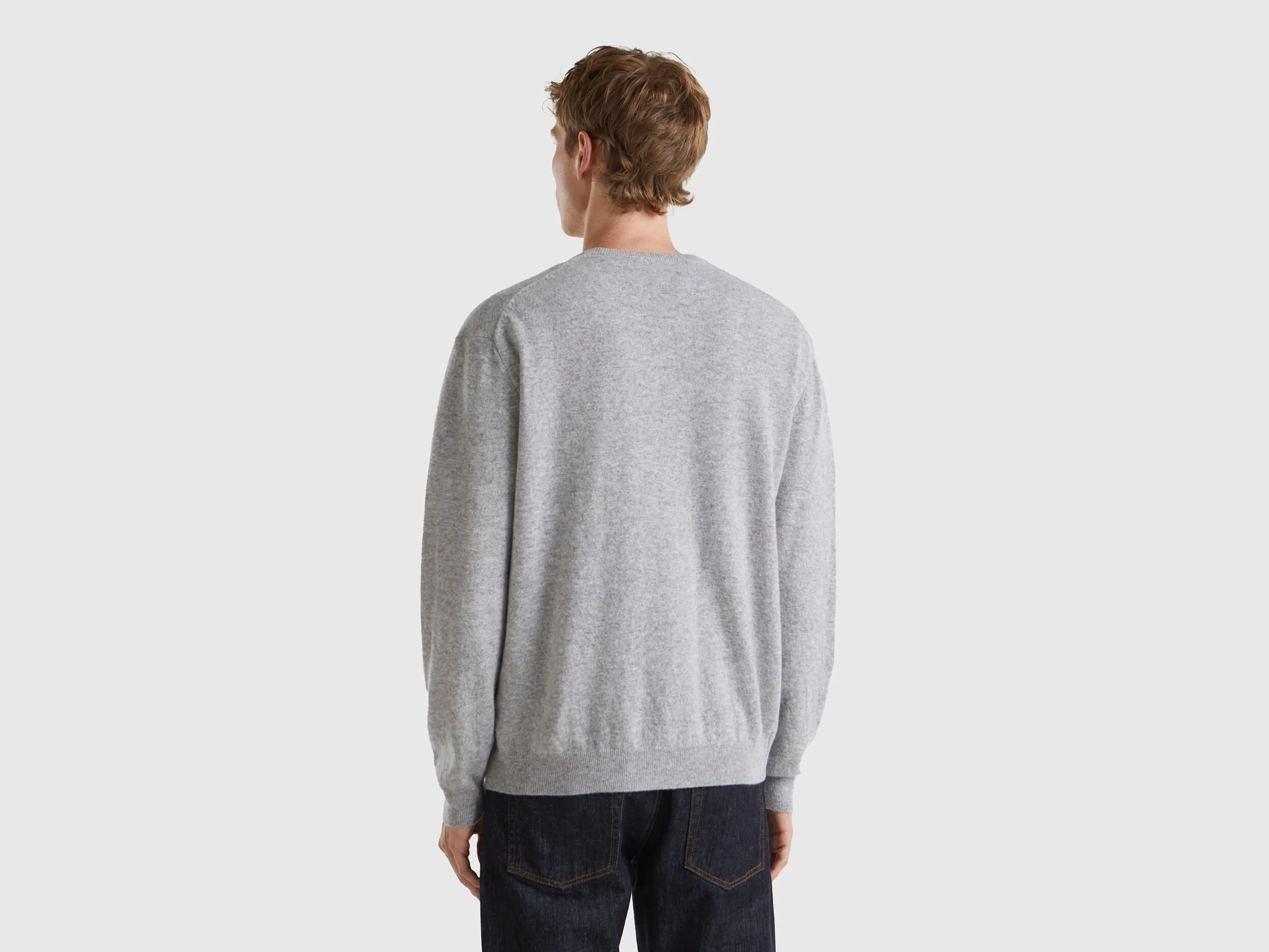 Marl gray V-neck sweater in pure Merino wool - Light Gray | Benetton