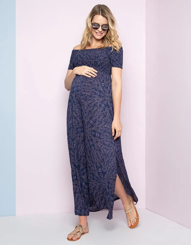 Navy Blue Off the Shoulder Maternity Maxi Dress