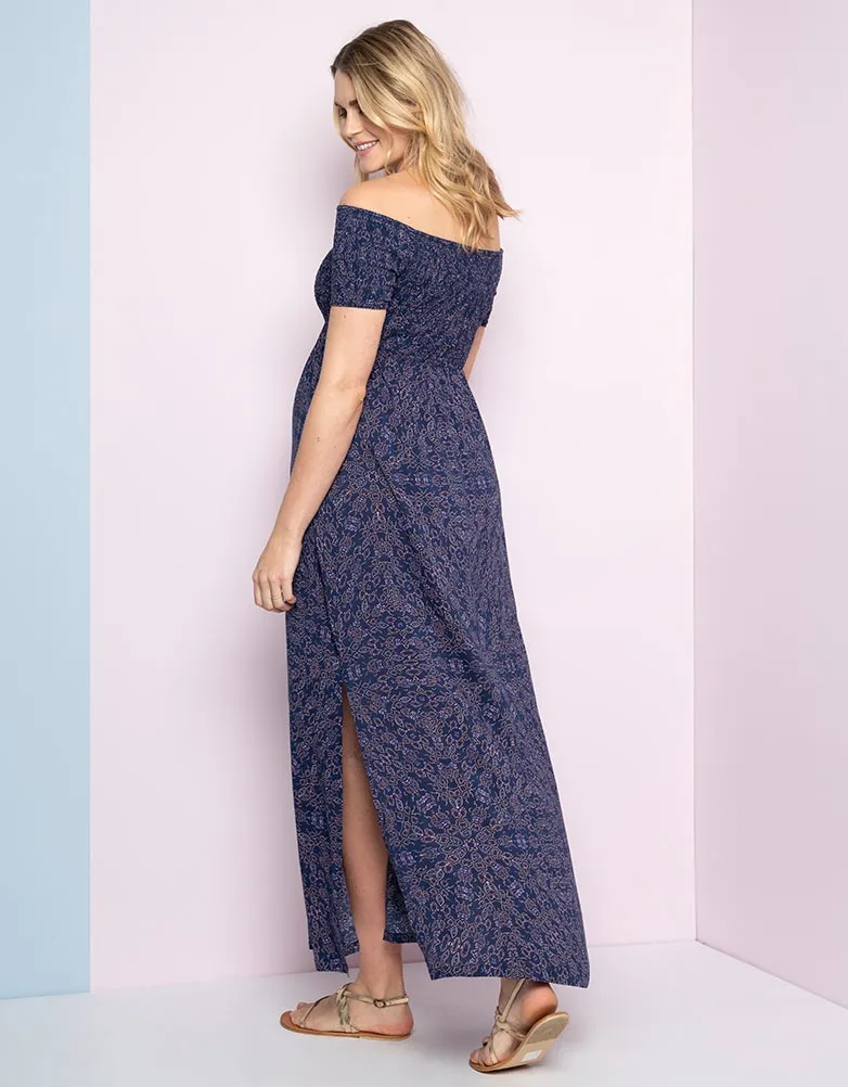 Navy Blue Off the Shoulder Maternity Maxi Dress