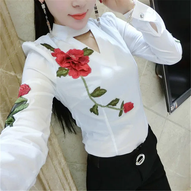 New Fashion Summer European Women Peony Embroidery Shirt Slim Blouse Sexy Hollow Out Blouse Shirt Women Tops 72585 GS