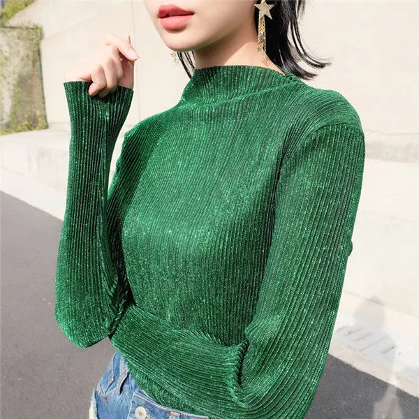 New Fashion Women Camisetas clothing Turtle-neck Vintage T shirts Women Top Full Sleeve Female Pleated tops 72231 GS