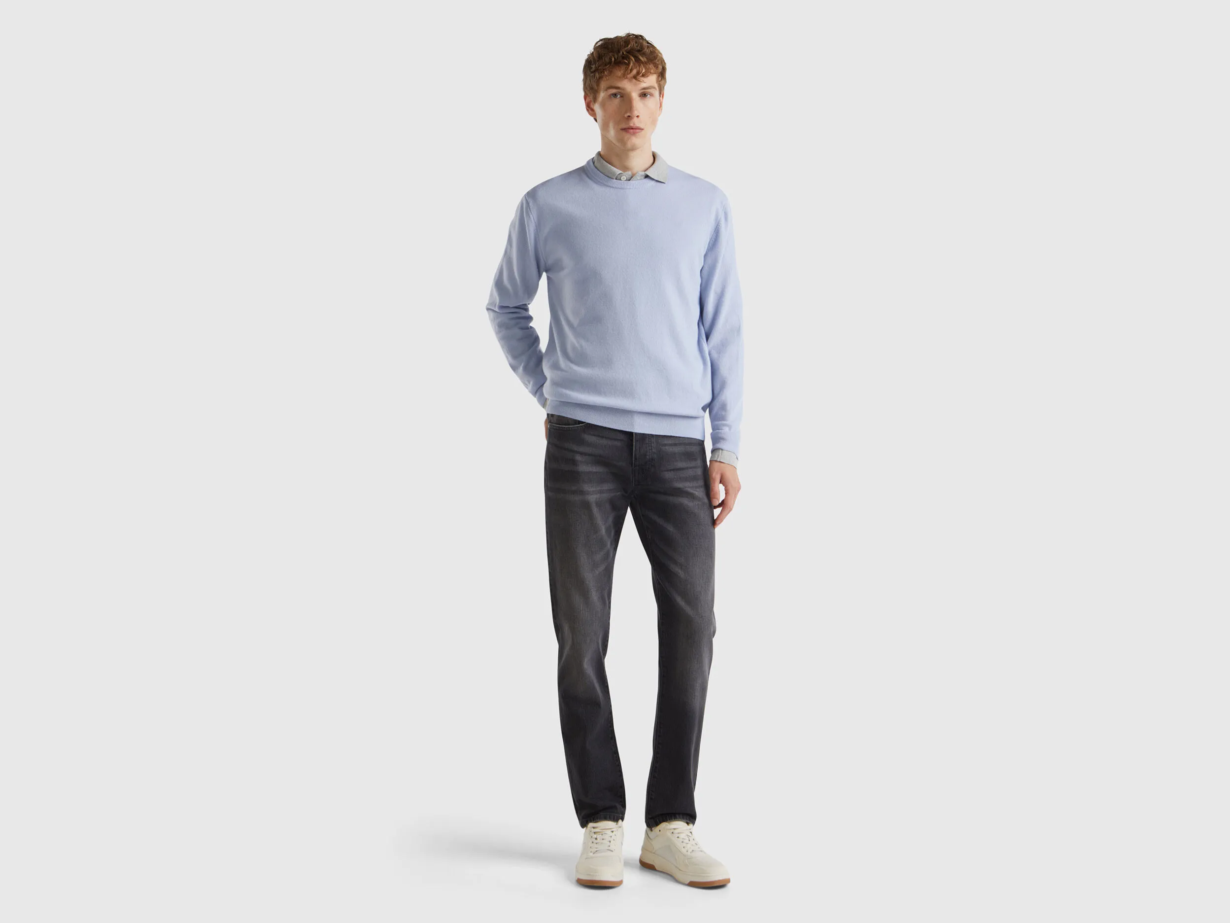 Ocean blue crew neck sweater in pure Merino wool - Light Blue | Benetton