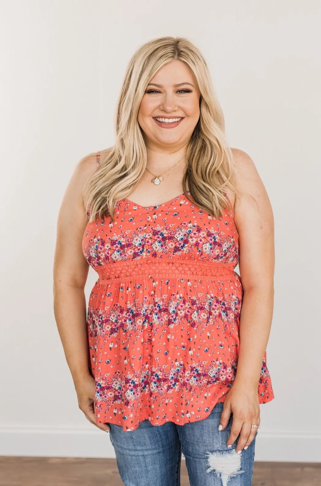 Picture This Floral Tank Top- Bright Coral