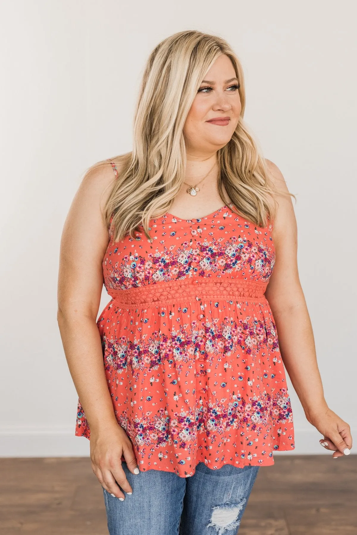 Picture This Floral Tank Top- Bright Coral