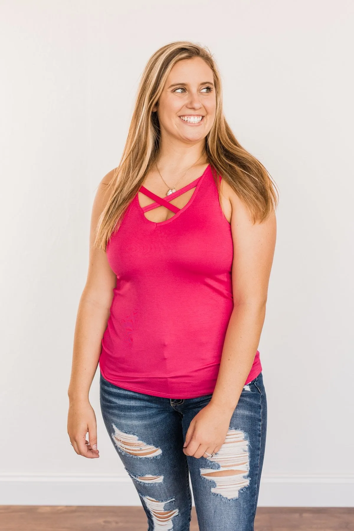 Places to Go Criss Cross Tank Top- Fuchsia