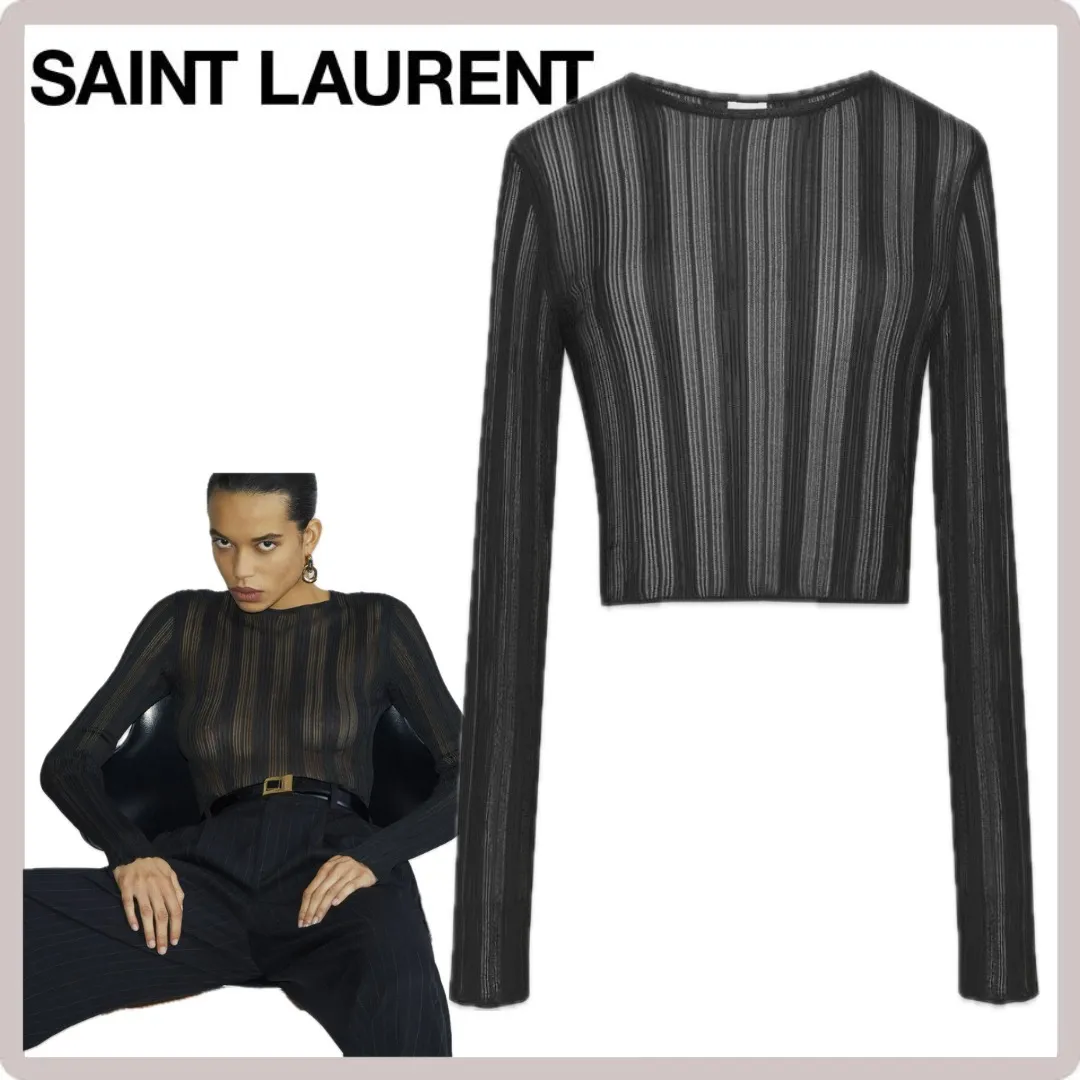 Saint Laurent  |Crew Neck Stripes Casual Style Street Style Long Sleeves