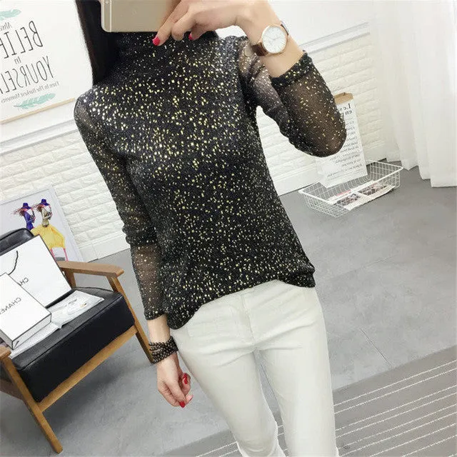 Summer New Fashion Women Summer Bling T Shirt Casual Woman Shining Full Sleeve Tops Turtleneck Plus Size tee 72306 GS